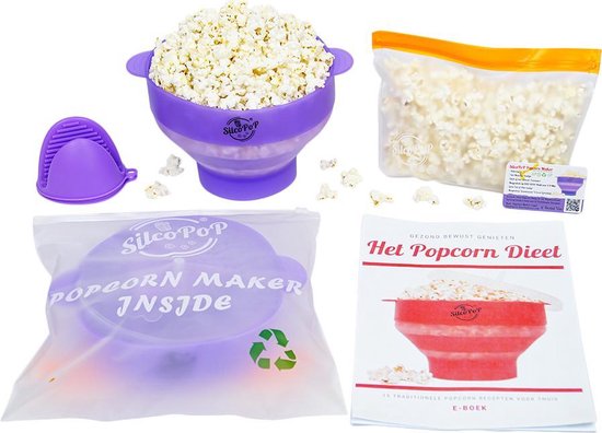 SilcoPoP 4in1 Popcorn Maker Bundle Paars - Siliconen Popcorn Popper Simpel & Opvouwbaar